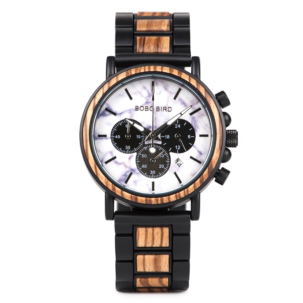 Men Watch BOBO BIRD Top Brand Wood Metal Chronograph Quartz Movement Wristwatch Calendar Timepiece Logo Customize Christmas Gift