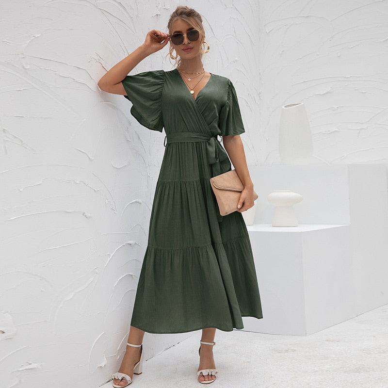 ATUENDO Summer Fashion Solid Bule Dress for Women Vintage Sexy Soft Silk Maxi Dresses Casual Wedding Guest High Waist Long Robe