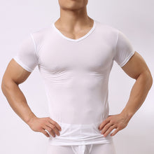 Load image into Gallery viewer, Men&#39;s Skinny Undershirt/Male Ice Silk Sheer Short Sleeves Basic Shirts/Gay Mesh Breathable V-Neck See Through Underwear
