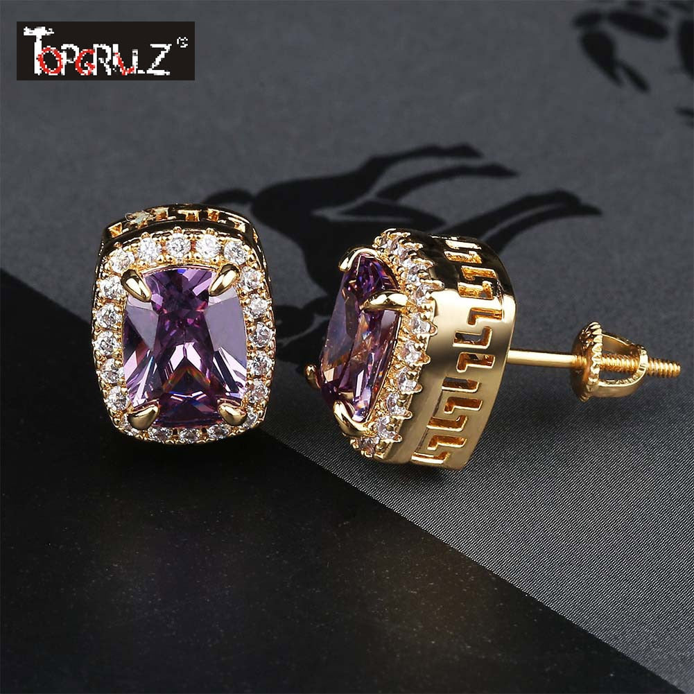 TOPGRILLZ Multicolor Iced Out Bling Stud Earring Micro Pave Cubic Zircon Stones Square Earrings Hip Hop Jewelry For Gifts Party