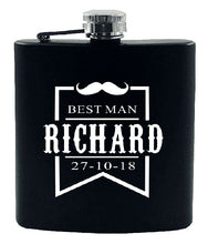 Load image into Gallery viewer, 1* Personalized Engraved 6oz Black Stainless Steel Hip Flask Wedding Favors Best Man gift Groom gift Groomsman Gift
