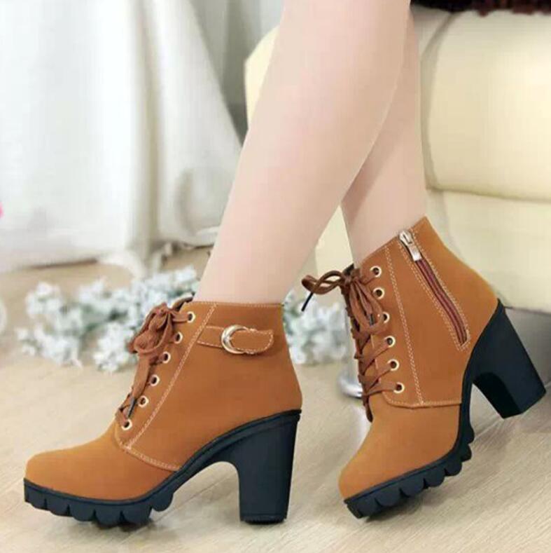 2021 New Spring Autumn Women Boots Good Quality Solid Lace-up European Ladies Shoes PU Fashion High Heels Boot 35-43