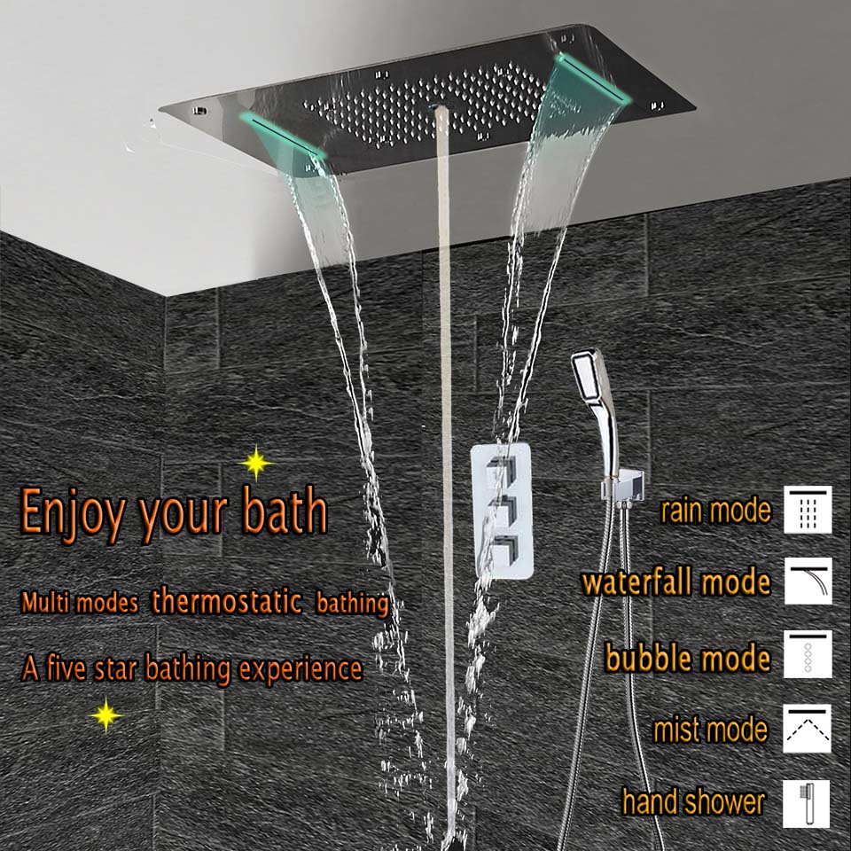 Bathroom Shower Set LED Ceiling Shower Head Thermostatic Faucet Concealed Panel Luxury Bath Mixer Rainfall Waterfall Bubble Mist