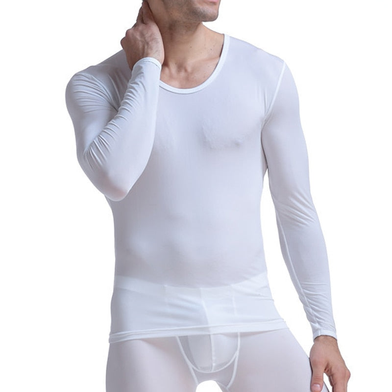 Men's Undershirt Thermal Super Thin Men Ice Silk Underwear Sheer T Shirts Long Johns Male Long Sleeves Tops Tees Breathable