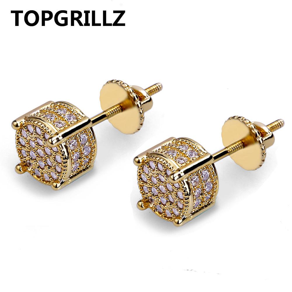 TOPGRILLZ Hip Hop Rock Jewelry Earring Gold Color Iced Out Micro Pave CZ Stone Lab Stud Earrings With Screw Back Gor Men Women