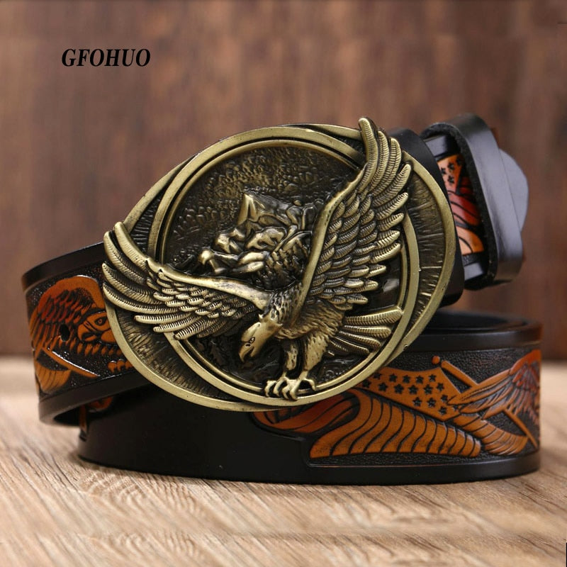 GFOHUO New Fashion Casual Men's Leather Belts Male Top Quality Eagle Totem Copper Smooth Buckle Retro Belt For Men's Jeans