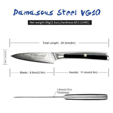 Load image into Gallery viewer, SUNNECKO 3.5&quot; Damascus Steel Fruit Paring Knife Japanese VG10 Core Blade Kitchen Knives G10 Handle Chef&#39;s Utility Cutter Gift
