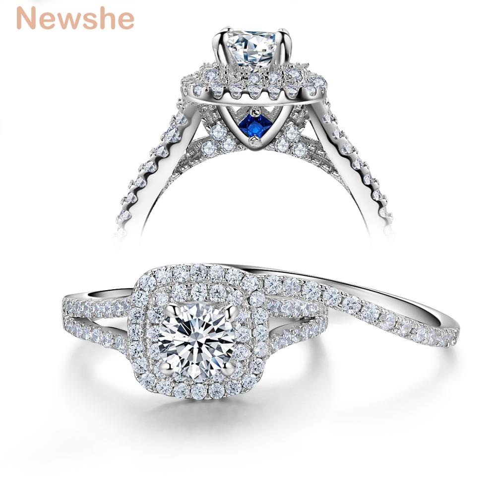 Newshe 2 Pcs Solid 925 Sterling Silver Women's Wedding Ring Sets Victorian Style Blue Side Stones Classic Jewelry For Women