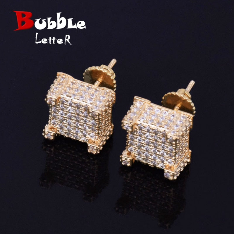 10x10mm Mens Zircon Earring Hip hop style Copper Material Iced Bling CZ Square Stud Earrings Screw-back Fashion Jewelry