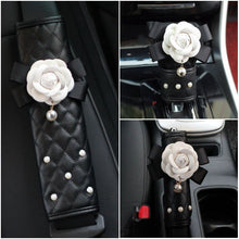 Load image into Gallery viewer, Creative Leather Pearl Camellia Flower Car Seat Belt Cover Shoulder Pads Car Shifter Hand Brake Covers Auto Interior Accessories
