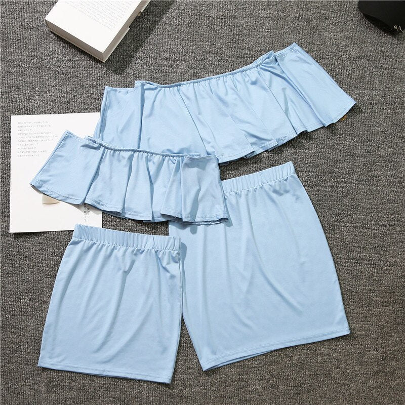 Summer Family Matching Outfits Ruffle Tops Skirts Two Piece Mommy and Me Clothes 2021 New Sweet Solid Color Women Girls Set
