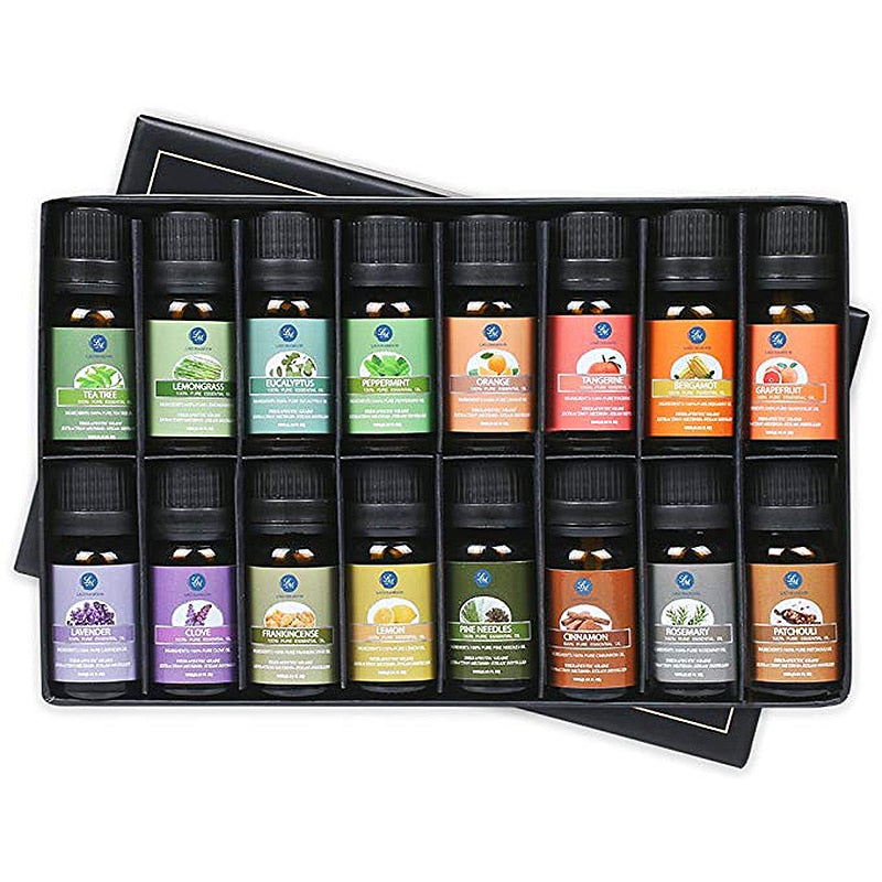 Lagunamoon 10ML 16pcs Gift Set Pure Essential Oil Diffuser Humidifier Massage Aromatherapy Peppermint Orange Lemongrass Orange