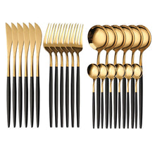 Load image into Gallery viewer, 24PCS Cutlery Set Stainless Knife Fork Spoon Flatware Tableware Set Gold Gift Box Portable Dinnerware Dishwasher Kitchenware
