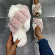 Load image into Gallery viewer, Faux Fur Cross Slippers Women Winter Warm Fluffy Indoor Floor Slides Leopard Print Flat Soft Shoes Ladies Non-Slip House Shoes
