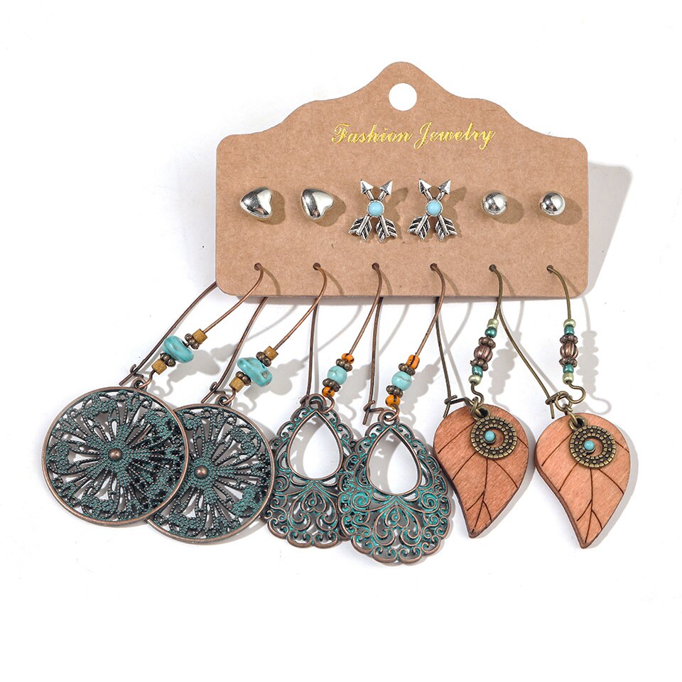 Vintage Silver Color Drop Earrings Set For Women Boho Ethnic Tassel Wood Feather Moon Dangle Earring 2020 Fashion Jewelry