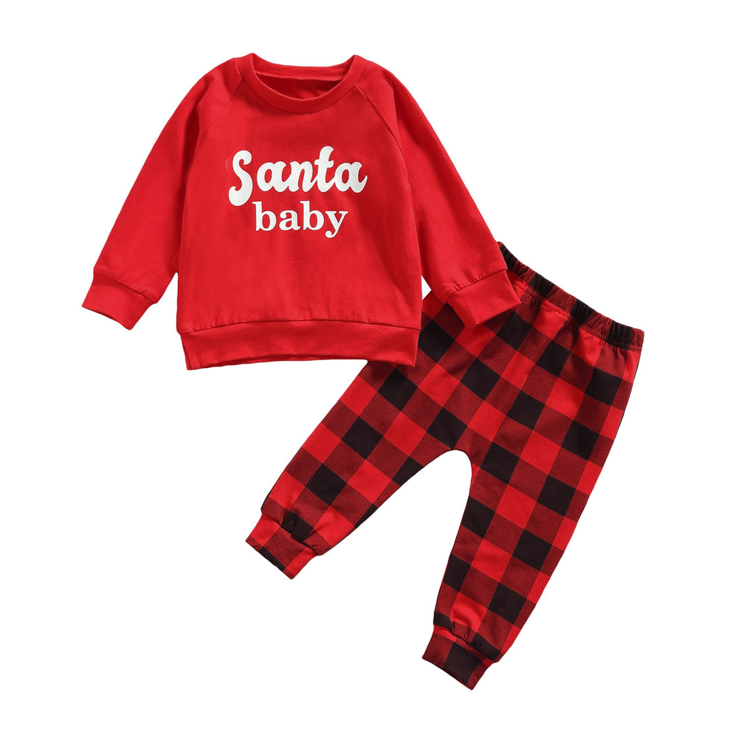 2021-07-02 Lioraitiin 0-3Years Toddler Baby Girl 2Pcs Fashion Christmas Clothing Set Long Sleeve Letter Printed Top Plaid Pants