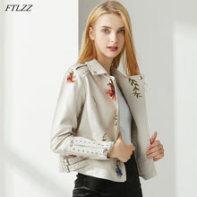 Load image into Gallery viewer, FTLZZ New Autumn Women Floral Print Embroidery Pu Faux Leather Jacket Streetwear Punk Style Biker Turn Down Collar Black Coat
