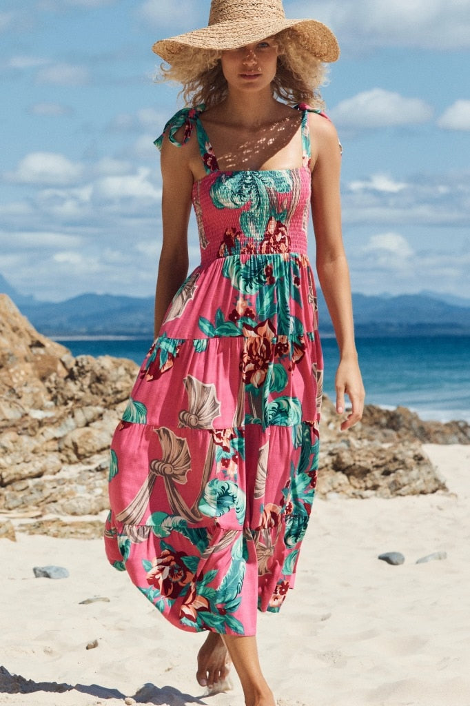 Pink Polka Ruched Women Midi Dress Spaghetti Strap Tie Bow Backless Bohe Dresses Ruffle Summer Beach Party Vestidos