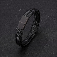 Load image into Gallery viewer, MKENDN Punk Men Leather Bracelet Black Stainless Steel Magnetic Clasp Braided Woven Bangle Pulseras lovers&#39; gift
