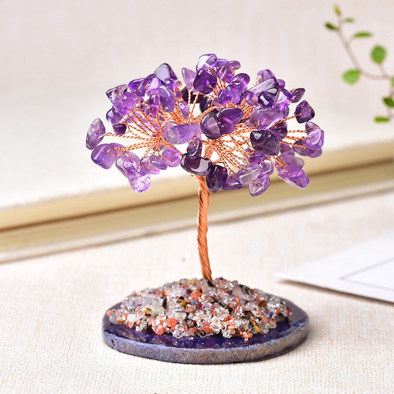 Natural Crystal Tree Amethyst Lucky Tree Handmade Gemstone Decoration Agate Slices Stone Mineral Ornaments Office Decor Gift