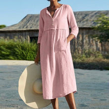 Load image into Gallery viewer, Autumn Linen Cotton Half Sleeve Dress Women V Neck Button Midi Dress Casual Female Solid Loose Pocket Dress Oversize 5XL
