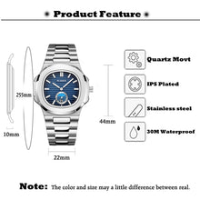 Load image into Gallery viewer, PLADEN Mens Watches Top Brand Luxury Square Luminous-hands Stainless Steel Quartz Watch Moon Phase Decoration White Dial Clock
