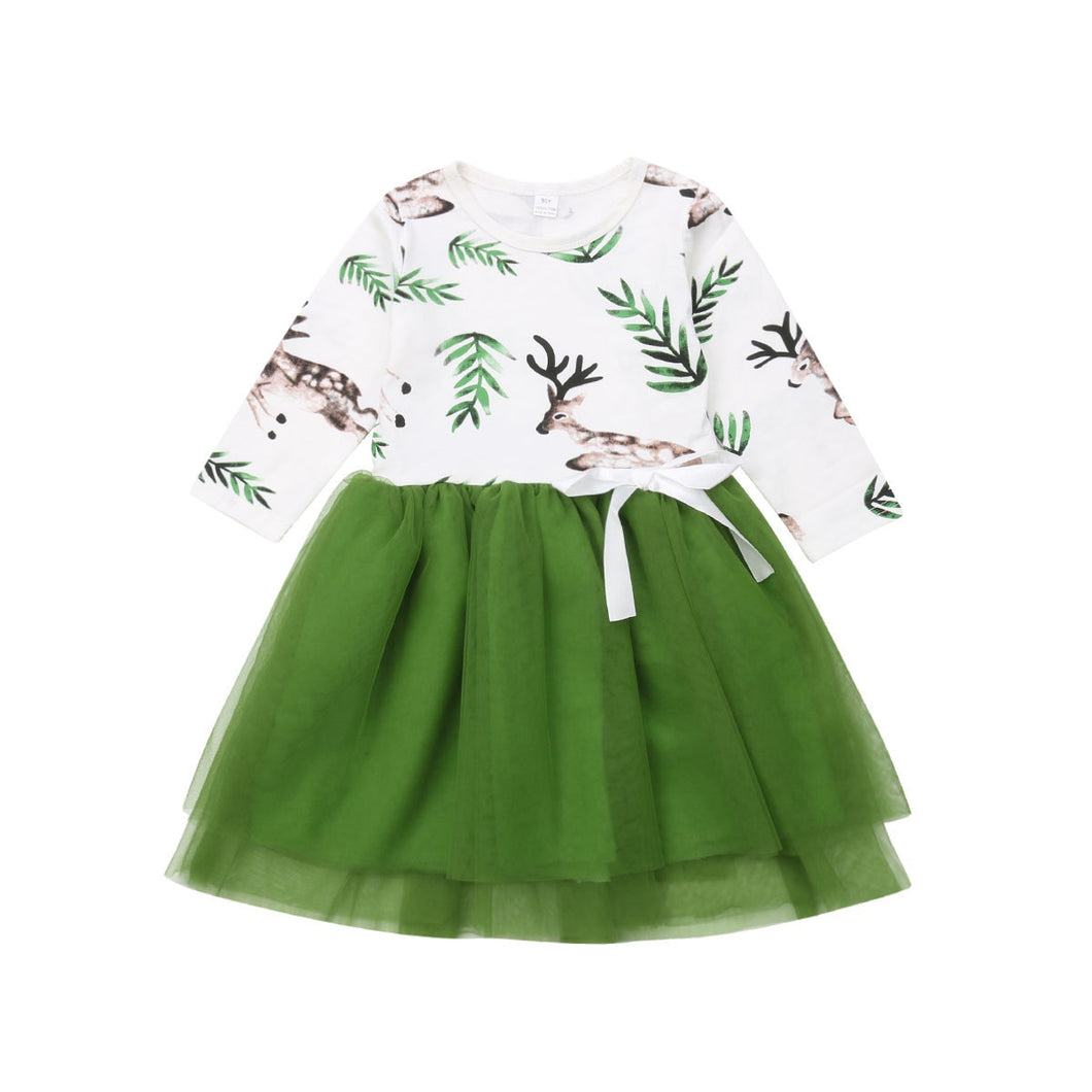 Citgeett Autumn 2-7Y Christmas Kids Baby Girls Dress Xmas Deer Tutu Dresses Party Casual Green Clothes