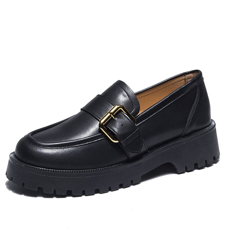 REVT Spring Genuel Leather Thick-Soled Female Girls Students Loafers Casual Shoes Lolita Rome All-Match Lazy Black White Shoes
