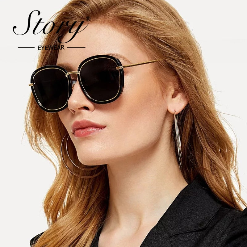 STORY 2018 Retro Round Sunglasses Women Brand Vintage Gold Metal Frame Cat Eye Sun Glasses Black Shades High Quality Eyewear