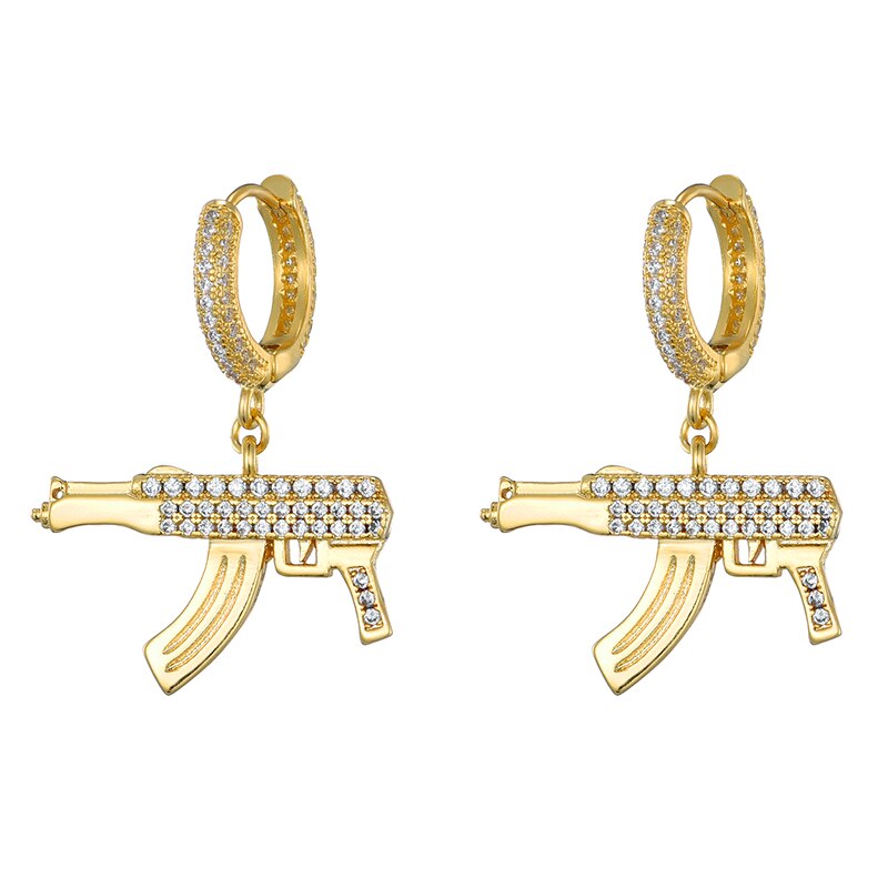Hip Hop 1Pair Iced Zircon AK47 Gun Earring Gold Color Micro Paved AAA+ Bling CZ Stone Earrings For Men Jewelry