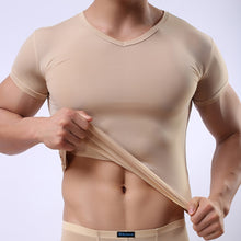 Load image into Gallery viewer, Men&#39;s Skinny Undershirt/Male Ice Silk Sheer Short Sleeves Basic Shirts/Gay Mesh Breathable V-Neck See Through Underwear
