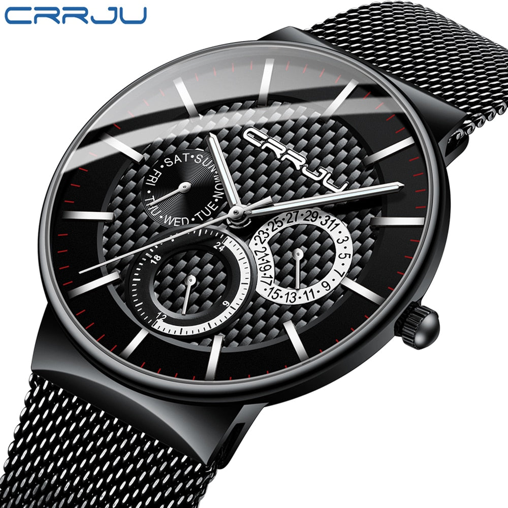 Mens Watches CRRJU Luxury Fashion Ultra-thin Auto Date Wrist Watch Waterproof Big Face Sport Watch for Men Relogio Masculino