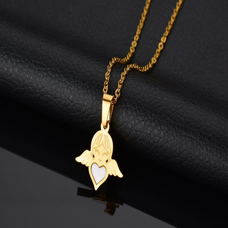 Lovely Cartoon Wings Angel Heart Stainless Steel Pendant Necklace Chain Cute Necklaces For Women Children Birthday Jewelry Gifts