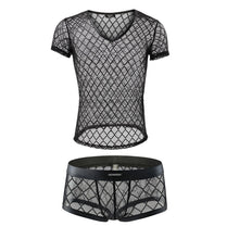 Load image into Gallery viewer, Sexy Mens Clothes Set Transparent Mesh Shirt Men Underwear Set Male Undershirts Fitness Tops Tee Pajamas Boxer Shorts Underpants
