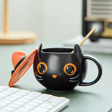 Load image into Gallery viewer, Cute Mysterious Cat Cup Halloween Pumpkin Spoon with Lid Black Cat Cup Coffee Cup Christmas Gift For Family Couples Friends Mug
