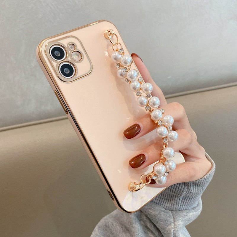 For iPhone 12 Pro Max Cases 6D Plating Pearl Chain Phone Case For iPhone 11 Pro Max XR XS Max 7 8 Plus X Wrist Band Soft Cover