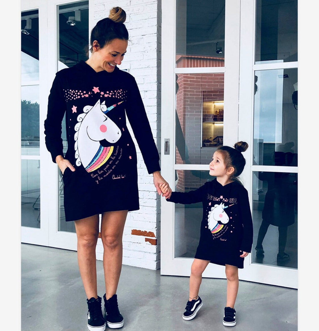Mother and Daughter Hoodies Dress Flower Unicorn Prints Casual Family Matching Sweatshirt Long Sleeve Spring Fall Clothing