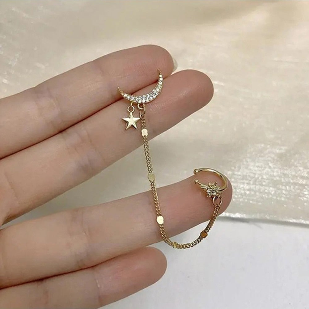 1Pcs Simple Moon Star Tassel Chain Earring Gold Long Dangler for Women Girls Fashion Elegant Ear Clip Jewelry