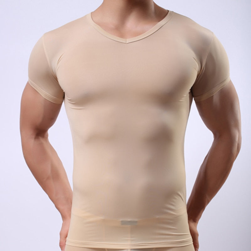 Men's Skinny Undershirt/Male Ice Silk Sheer Short Sleeves Basic Shirts/Gay Mesh Breathable V-Neck See Through Underwear