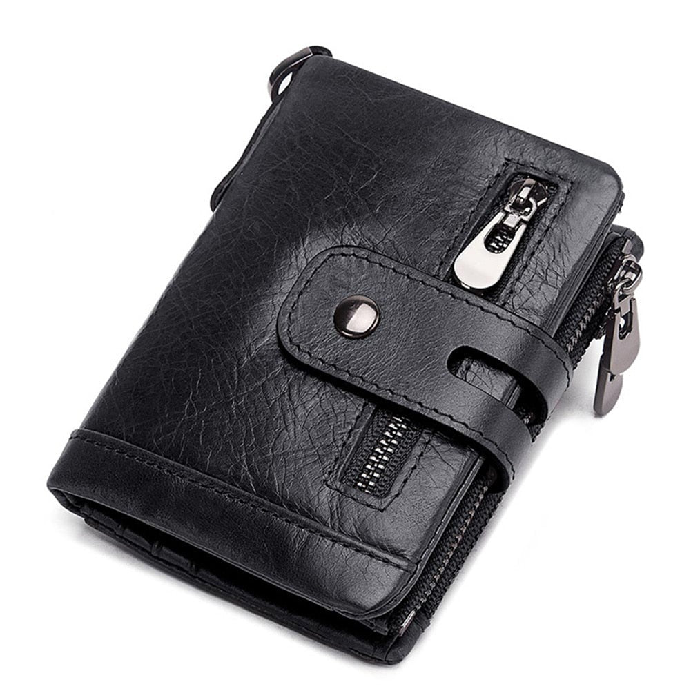 2021 Fashion Men Wallet 100% Genuine Leather Coin Purse Small Mini Card Holder Chain PORTFOLIO Portomonee Male Walet Pocket