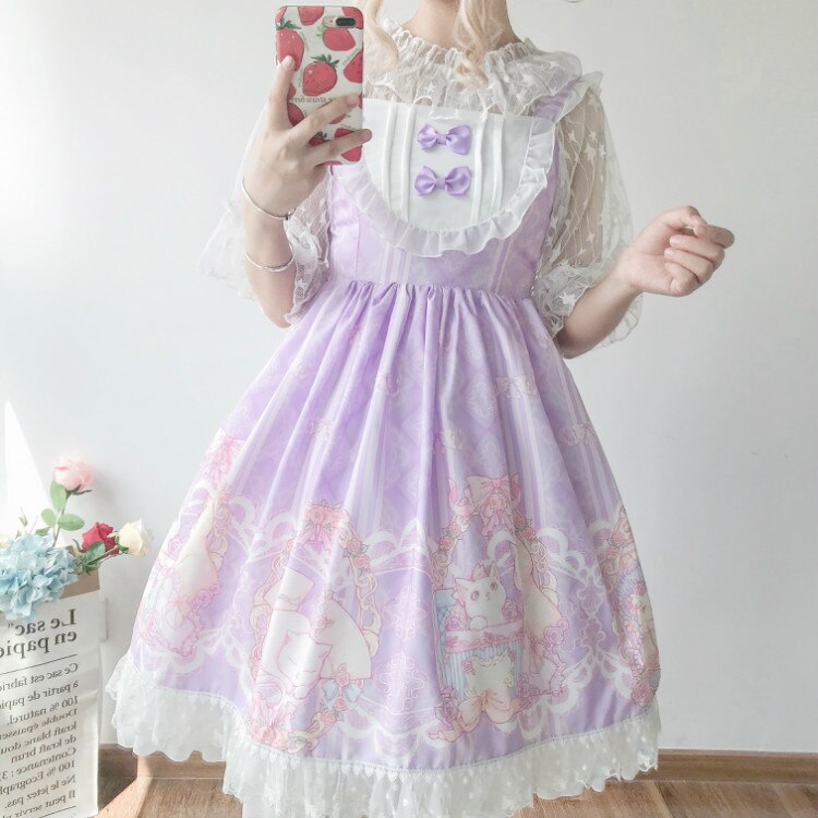 Japanese Lolita Kawaii Dress Women Summer Soft sister Style Cute Bowknot Cat Print Strap Sweet Princess Dress Preppy Style