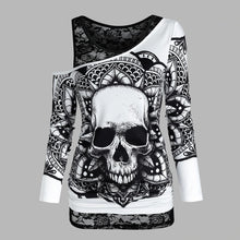 Load image into Gallery viewer, Gothic Casual Women T Shirts Skull Graphic Off Shoulder Two Piece Tee Sets Long Sleeve Sleeveless Spring Tops Female Clothes D30
