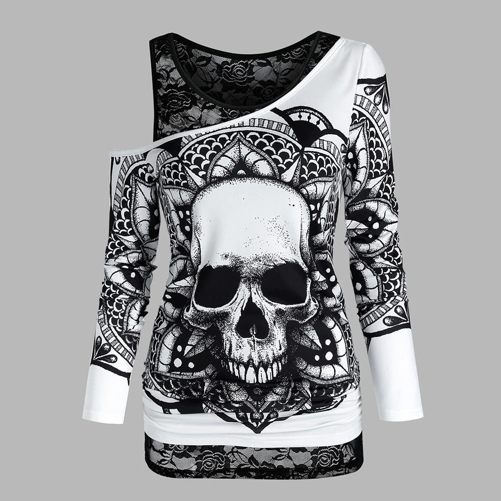 Gothic Casual Women T Shirts Skull Graphic Off Shoulder Two Piece Tee Sets Long Sleeve Sleeveless Spring Tops Female Clothes D30