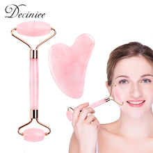 Load image into Gallery viewer, Natural Rose Quartz Roller Facial Jade Roller Stone Gua sha Scraper Face Lifting Massage Skin Eye Body Massager Beauty Care Tool
