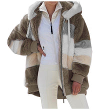 Load image into Gallery viewer, Winter Faux Fur Women&#39;s Coat Hooded Long Sleeve Cardigan Zipper Pockets Loose Patchwork Striped Fashion Casual Coat
