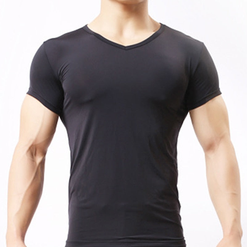 Men's Sheer Undershirts/Man Ice Silk Mesh See through Basics Shirts/Gay Sexy Fitness Bodybuilding Underwear