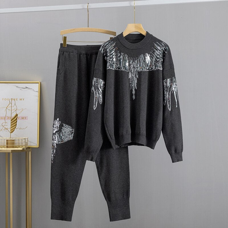 2021 Luxury Sequined Knit Women  Clothes  Fashion  Tracksuits Y2K Oversized Pullover Sweaters 2 Pieces Harem Pant Sets  Outfits