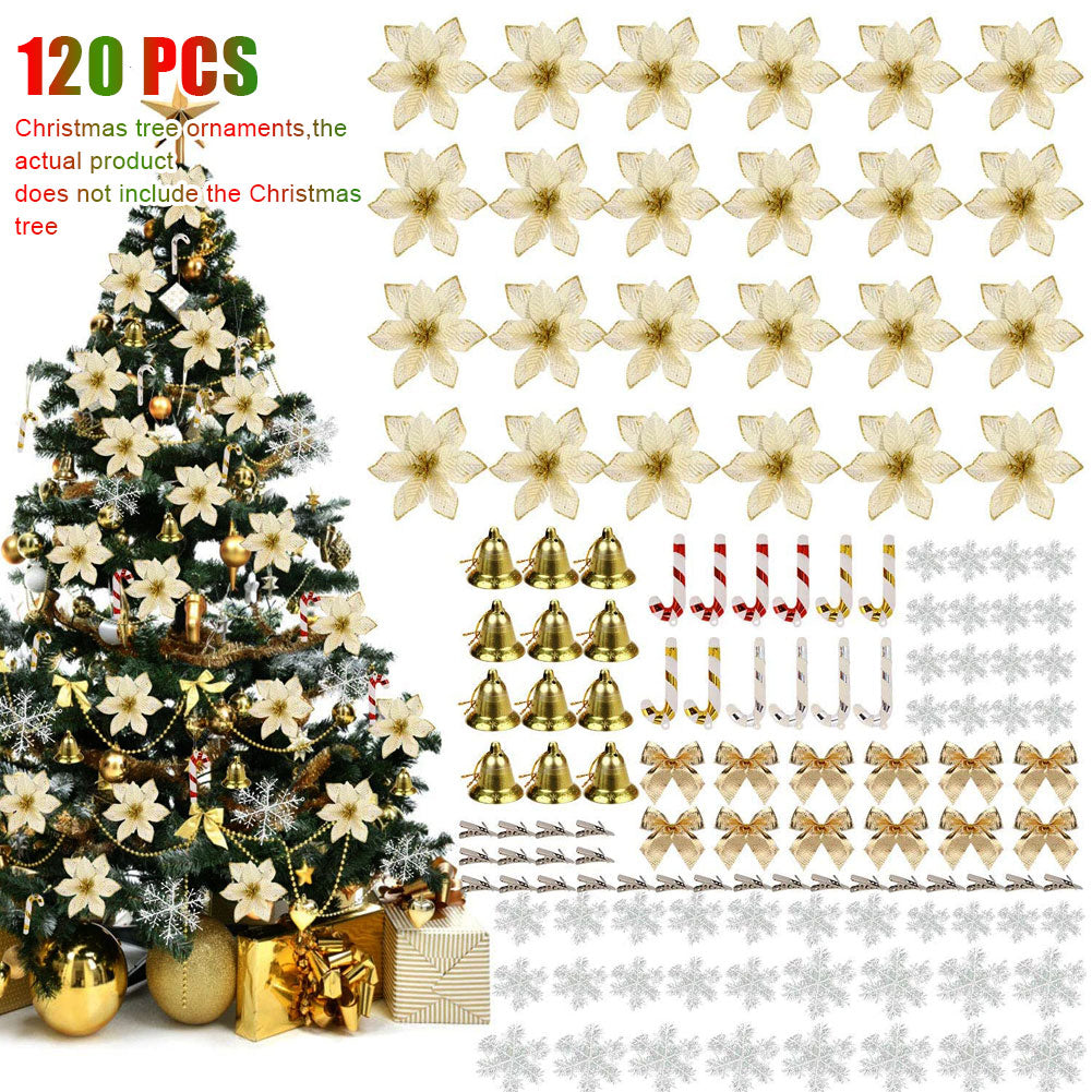 New 120 Pcs/set  Christmas Tree Hanging Ornament Glitter Gold Flower Sets Pendant For Home Xma Party Snowflakes Bells Decoration