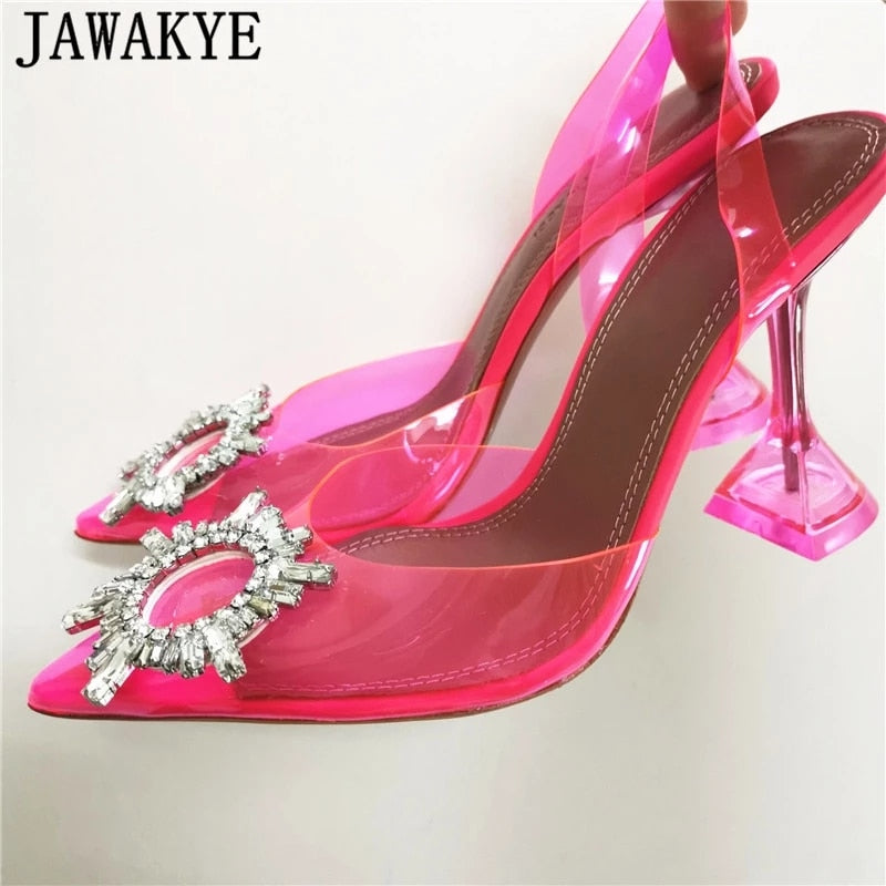 Green PVC Crystal Women Sandals Runway Rhinestone Compass Strange Heel Slingback Party Shoes Sexy Pointy Toe Bride Wedding Shoes