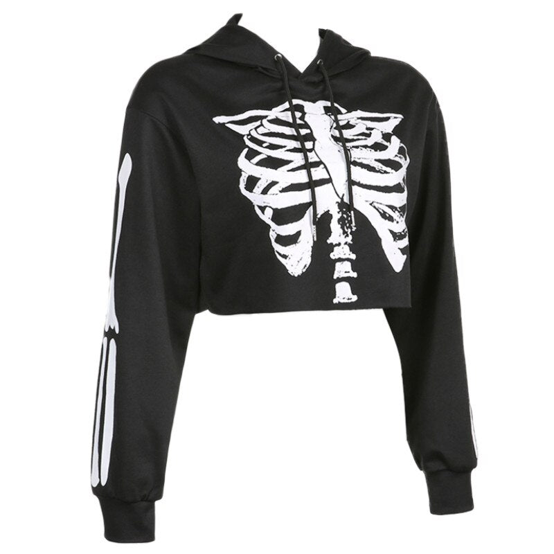 Wome‘s Skeleton Print Cropped Hoodies, Casual Long Sleeve Relaxed Fit Sweatshirts Spring autumn